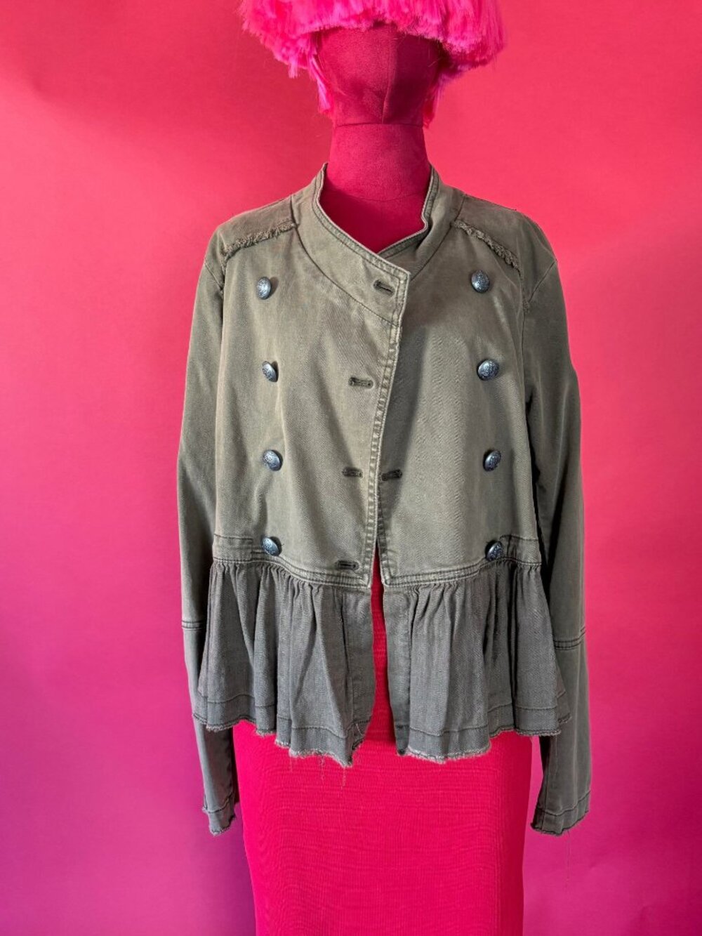 Free People Olive Military Peplum Jacket | Crest Buttons, Raw Frayed Hem, M